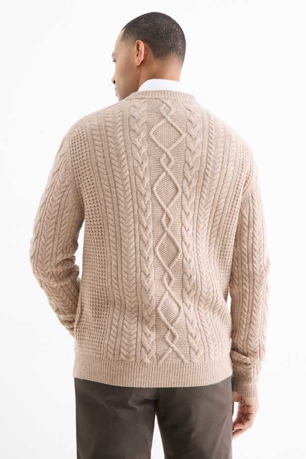 Men - Jumper with cashmere - wool blend - cable knit pattern - taupe