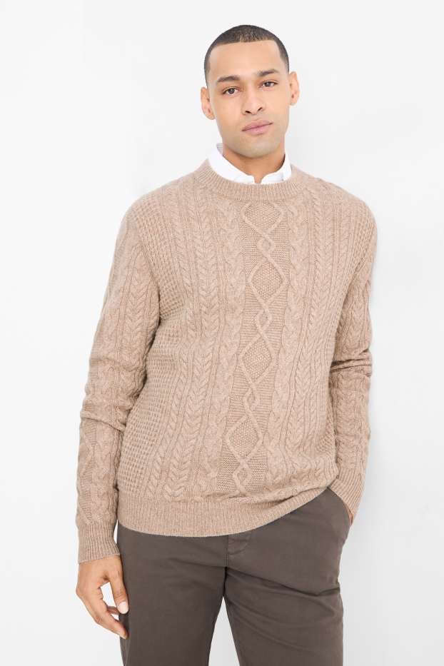 Men - Jumper with cashmere - wool blend - cable knit pattern - taupe