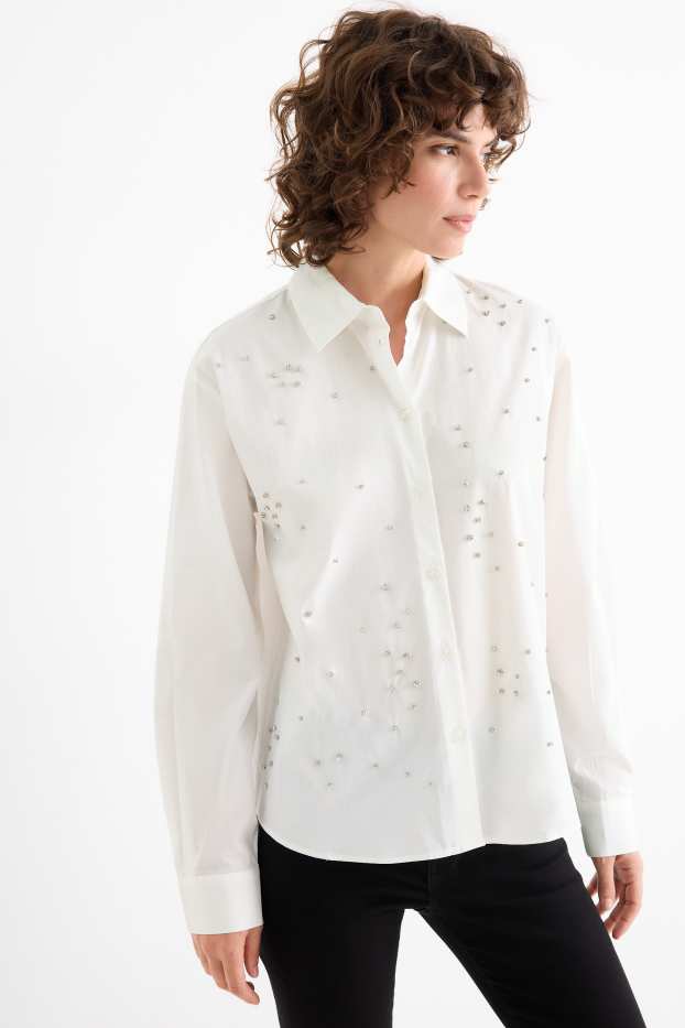 Damen - Bluse mit Strasssteinen - weiss