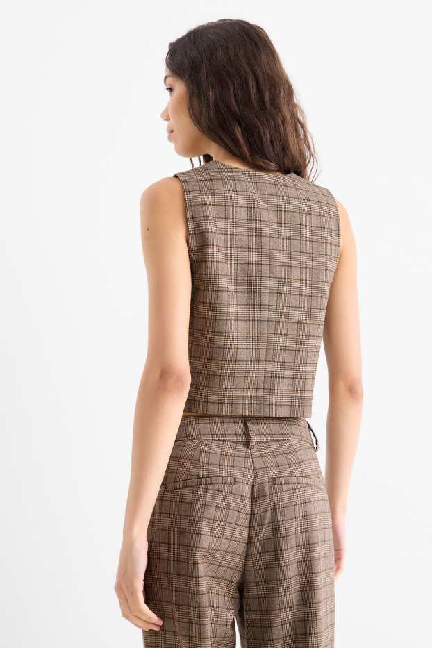 Donna - Gilet - sciancrato - a quadretti - marrone