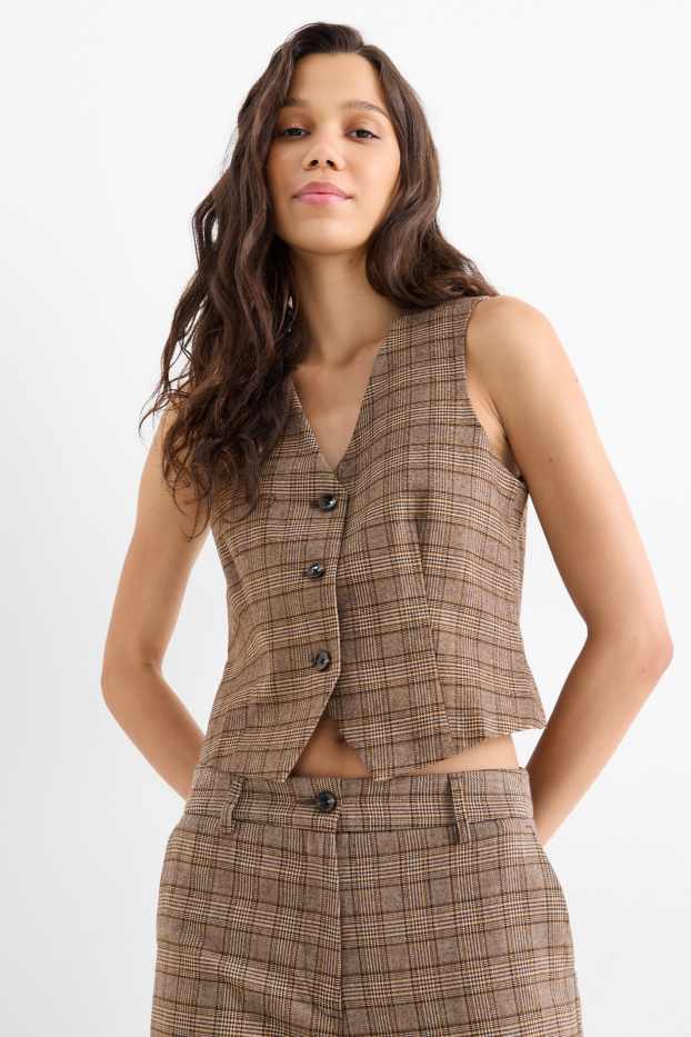 Donna - Gilet - sciancrato - a quadretti - marrone