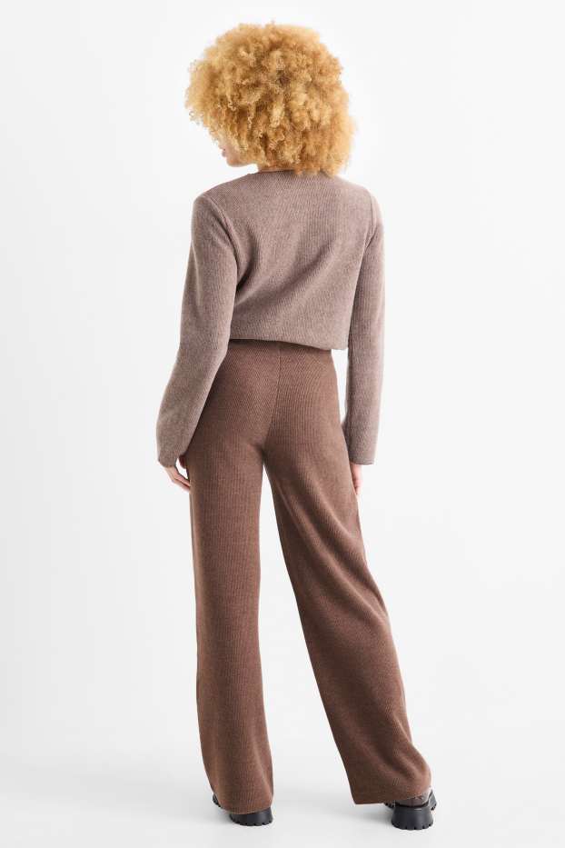 Dames - Gebreide joggingbroek - ribstof - bruin