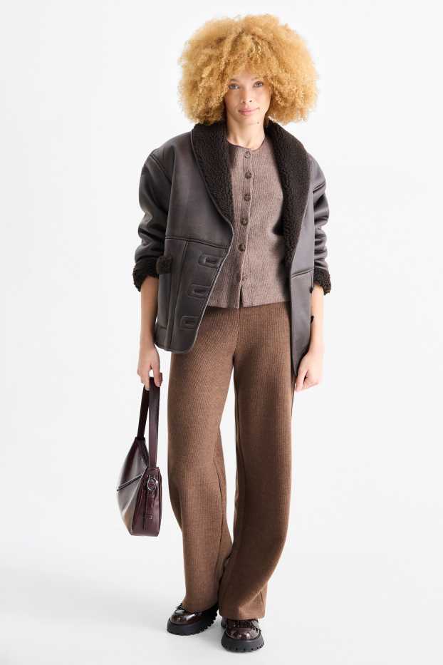 Dames - Gebreide joggingbroek - ribstof - bruin