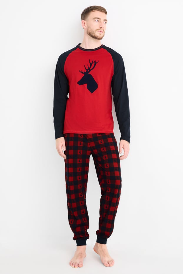 Heren - Pyjama voor de kerst, met flanellen broek - hert - donkerrood