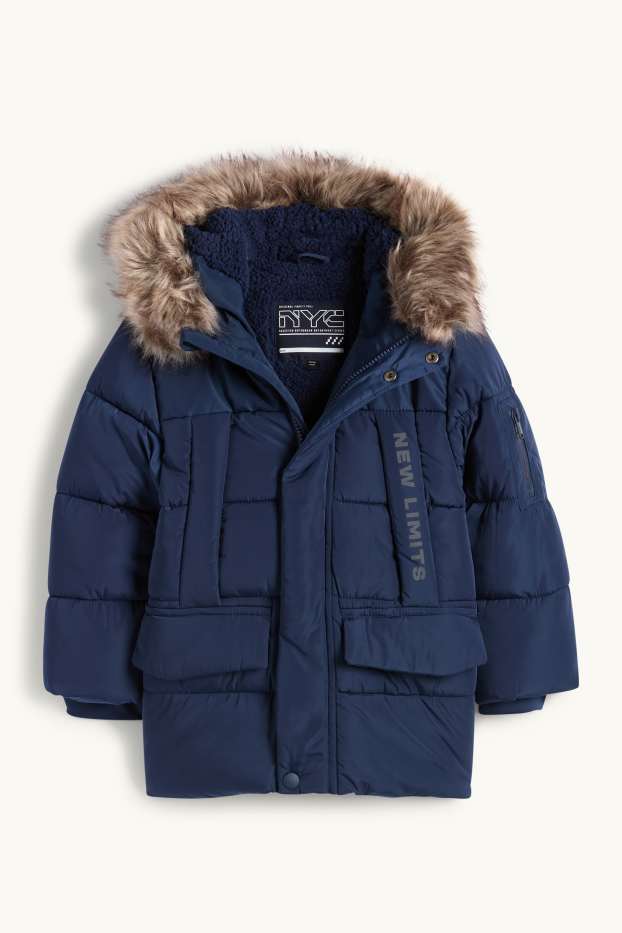 Nen - Jaqueta embuatada amb caputxa i rivet de pèl sintètic - blau fosc