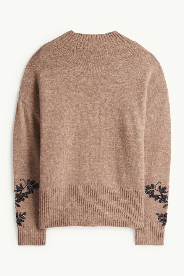 Damen - Pullover - glänzend - geblümt - braun
