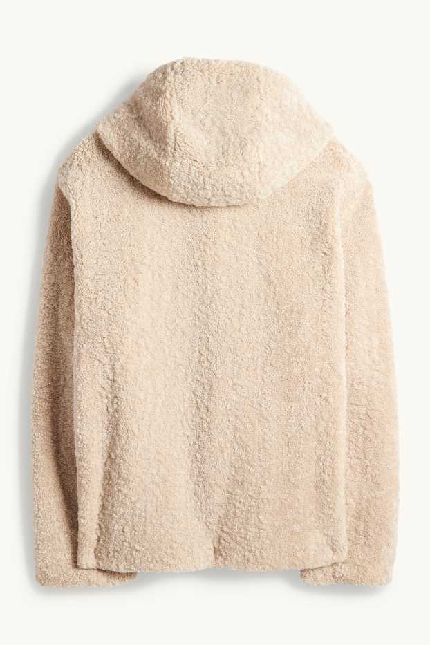 Dames - Jas van teddybont met capuchon - beige