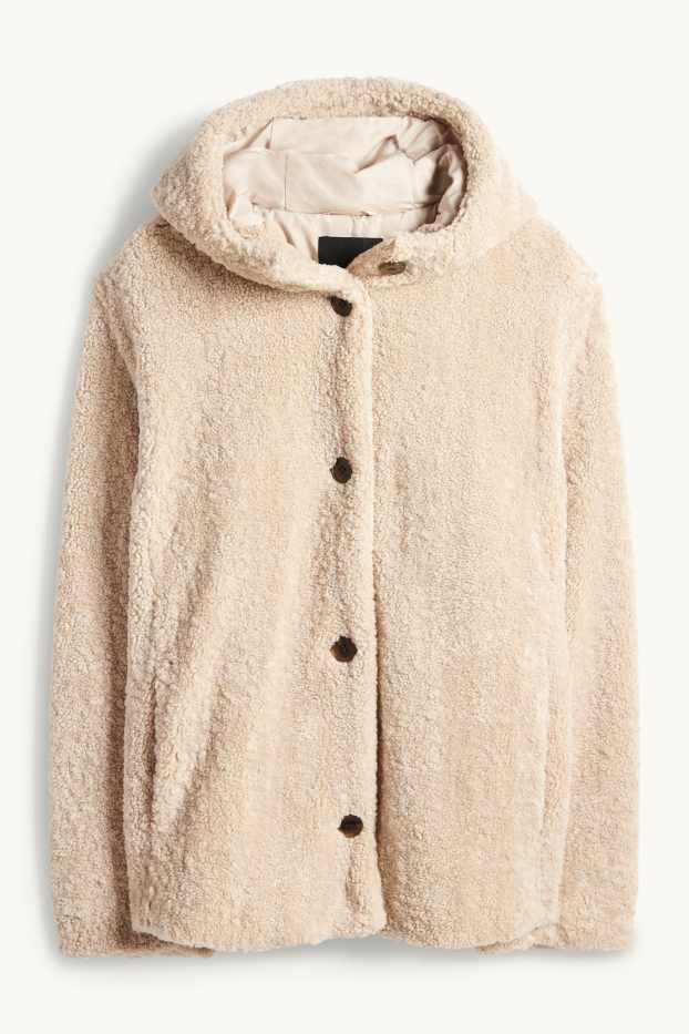 Dames - Jas van teddybont met capuchon - beige