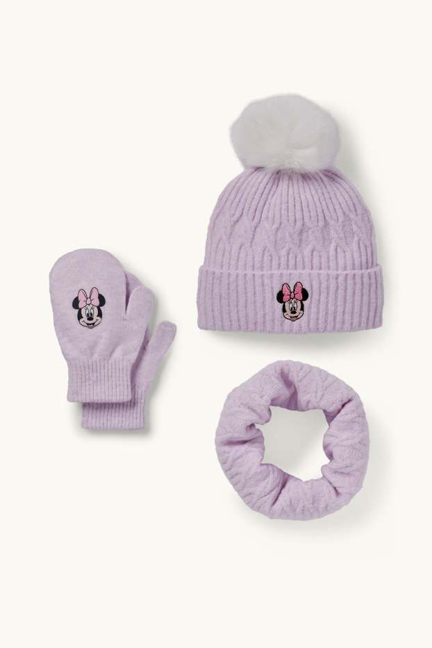 Enfants filles - Minnie Mouse - ensemble - bonnet à pompons, tour de cou et moufles - violet clair