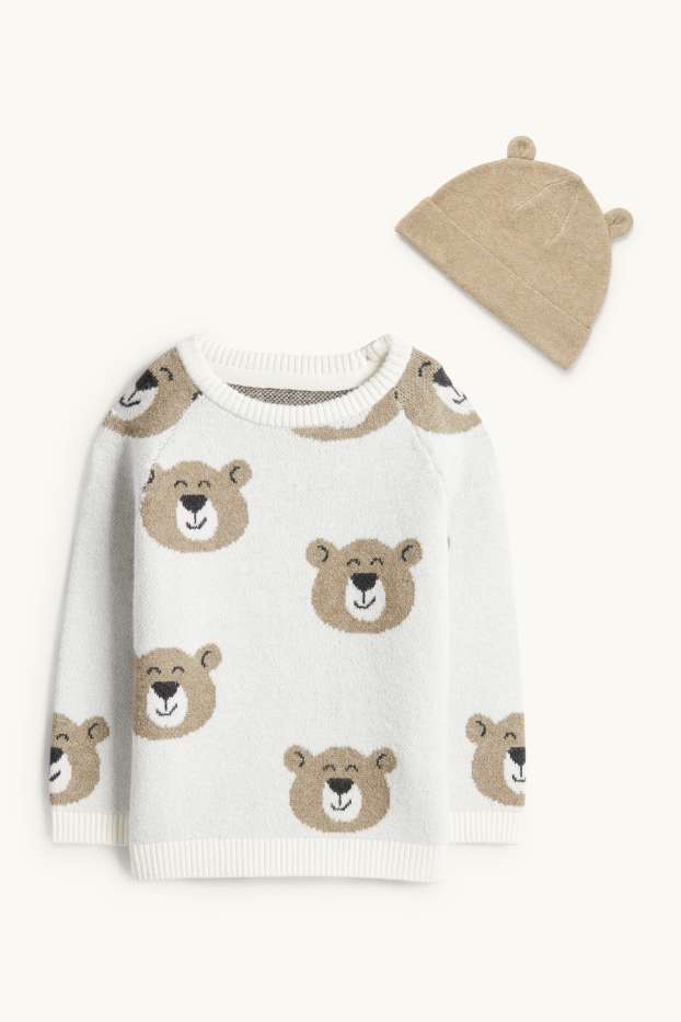 Bébés garçons - Ourson - ensemble - pull et bonnet - deux pièces - blanc crème