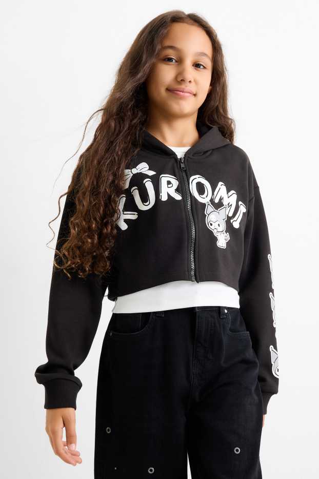 Enfants filles - Kuromi - ensemble - sweat zippé à capuche et haut - 2 pièces - noir / blanc