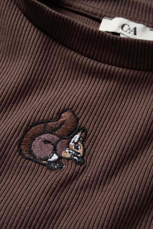 Dames - Korte longsleeve - slim fit - ribstof - donkerbruin