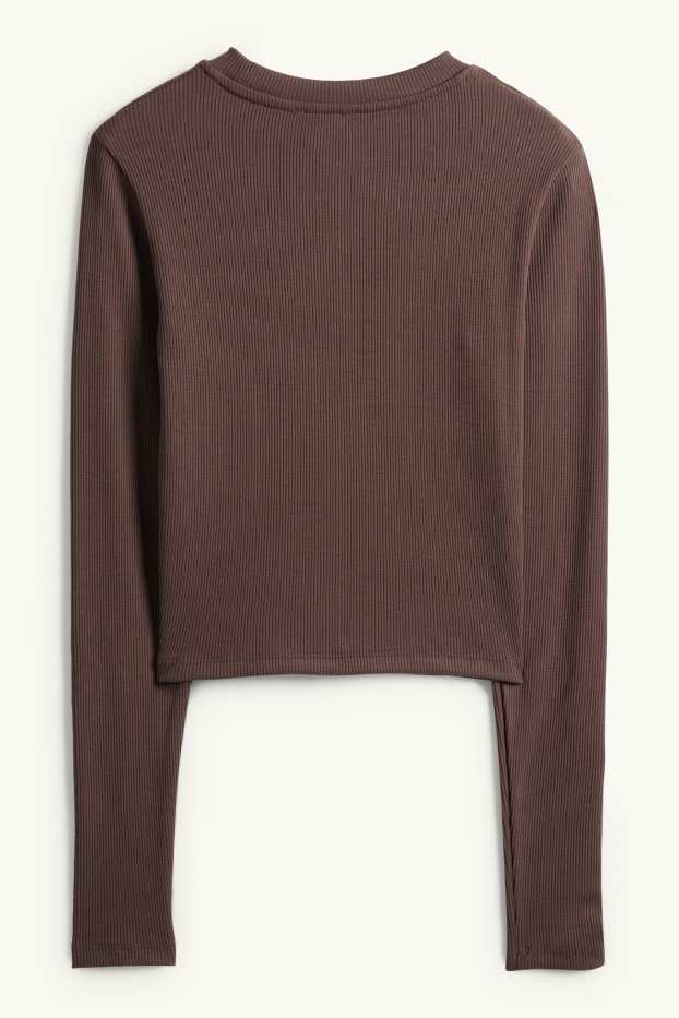 Dames - Korte longsleeve - slim fit - ribstof - donkerbruin