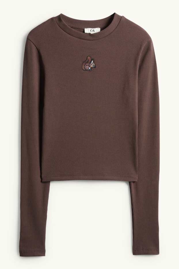 Dames - Korte longsleeve - slim fit - ribstof - donkerbruin