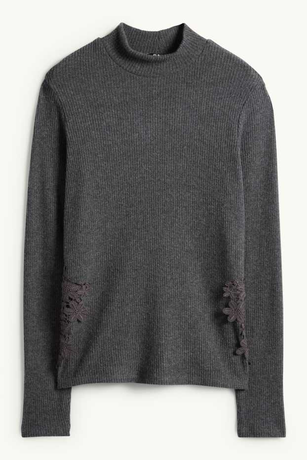 Femmes - Haut à manches longues - regular fit - finition côtelée - gris foncé