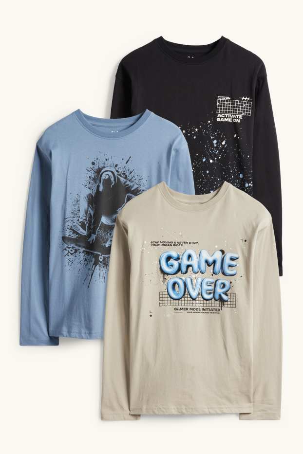 Kinderen: jongens - Set van 3 - skater en gaming - longsleeve - beige / blauw