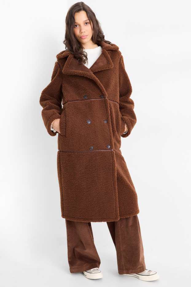 Women - Faux shearling coat - faux leather - brown
