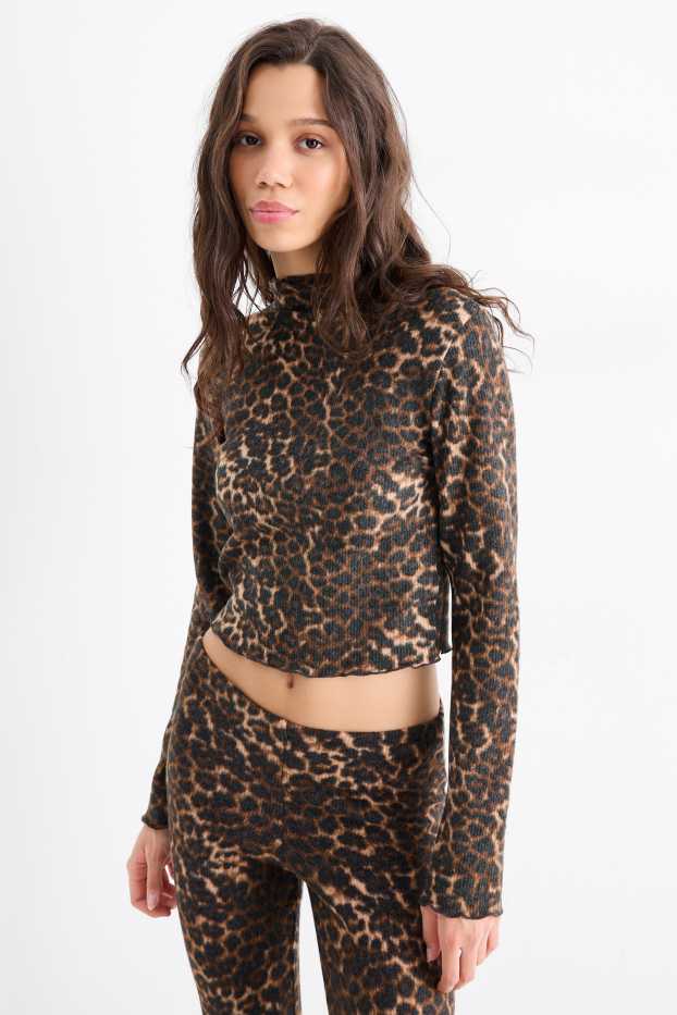 Dámské - Krátké tričko s dlouhým rukávem - slim fit - s leopardím vzorem - černá/béžová