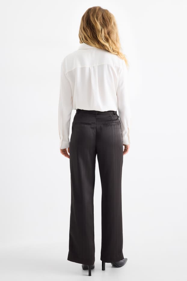 Femei - Pantaloni din satin - talie medie - wide leg - dungi fine - negru