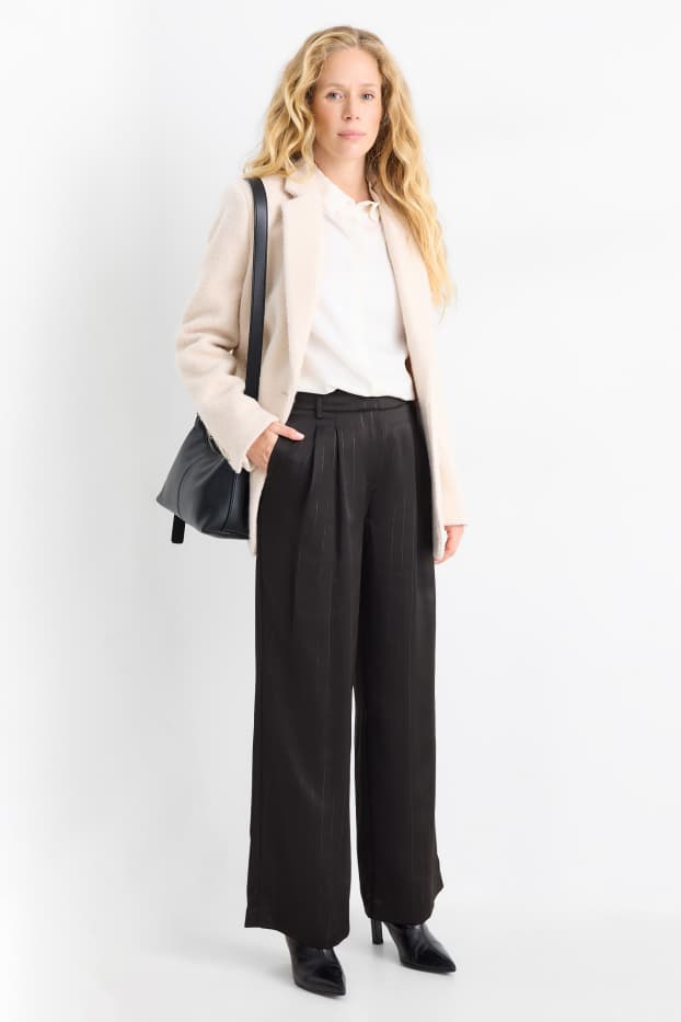 Femei - Pantaloni din satin - talie medie - wide leg - dungi fine - negru