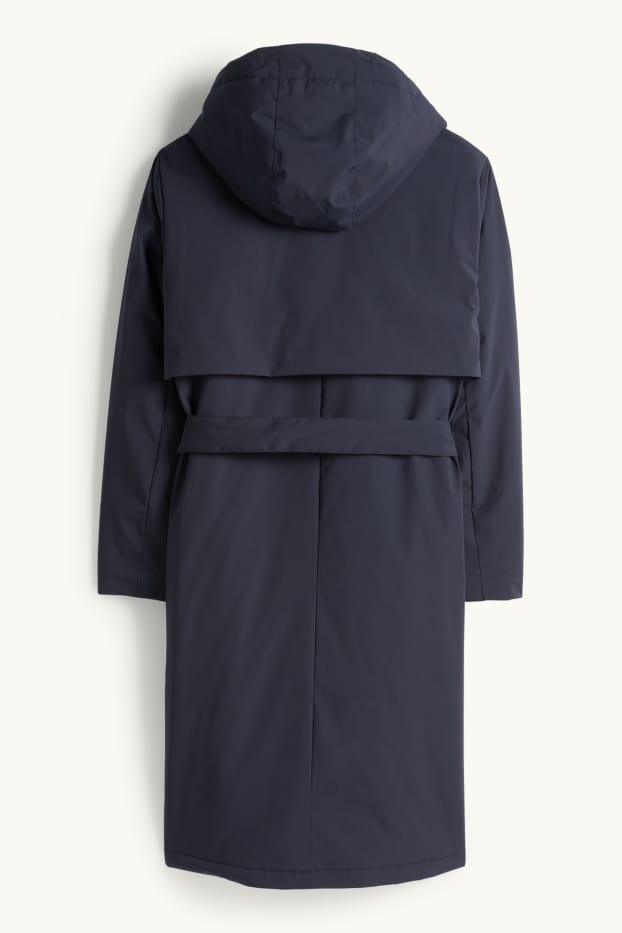 Damen - Mantel mit Kapuze und Gürtel - gefüttert - wasserabweisend - dunkelblau