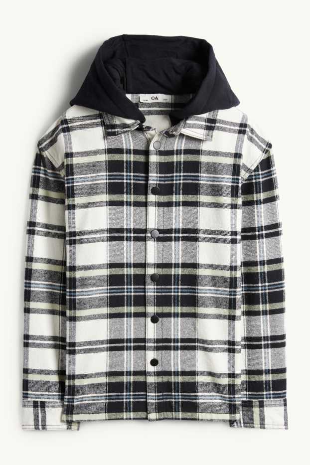 Enfants garçons - Veste-chemise en flanelle avec capuche - à carreaux - noir / beige