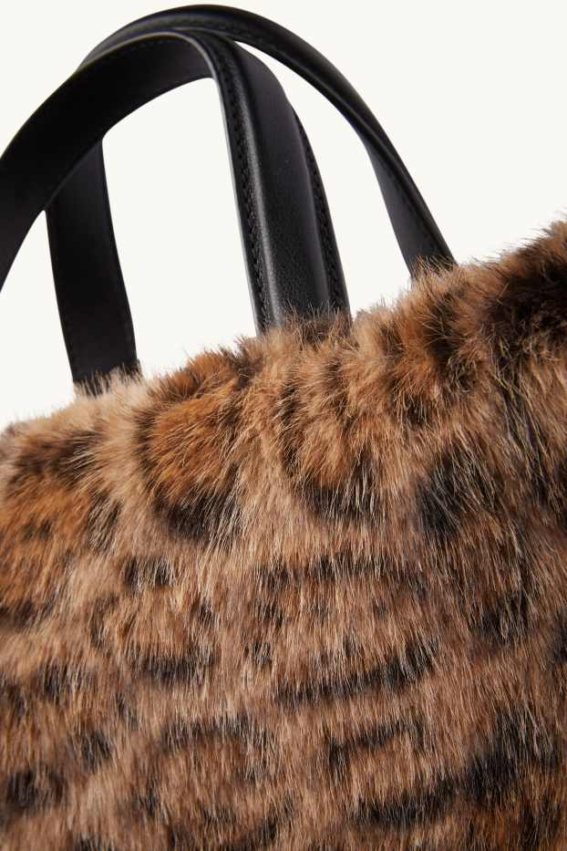 Dames - Kleine shopper van imitatiebont, met afneembare draagriem. - zwart / beige