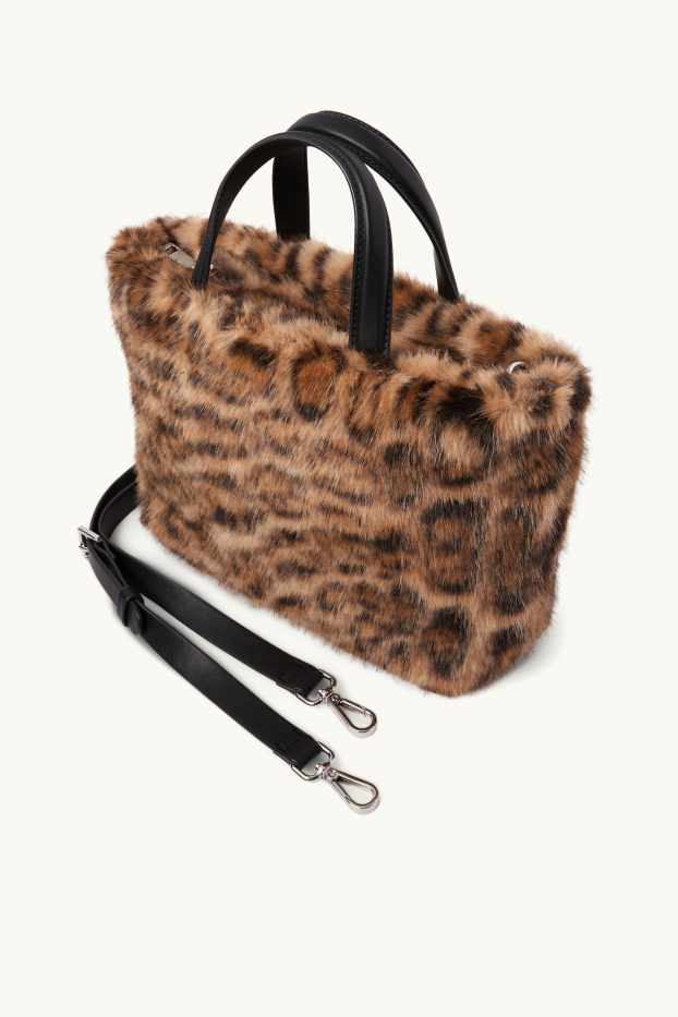 Dames - Kleine shopper van imitatiebont, met afneembare draagriem. - zwart / beige