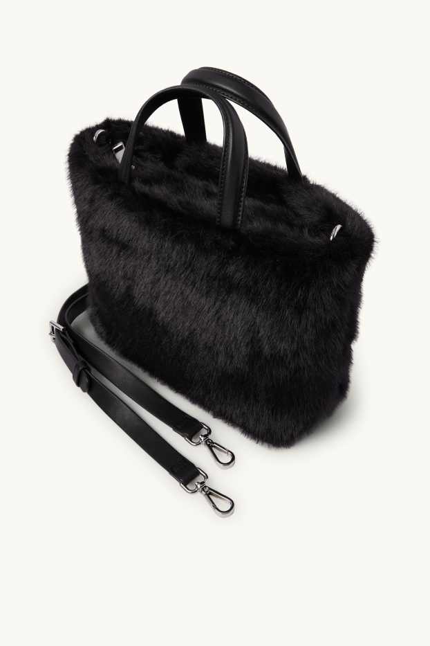 Damen - Kleiner Kunstfell-Shopper mit abnehmbarem Taschengurt - schwarz