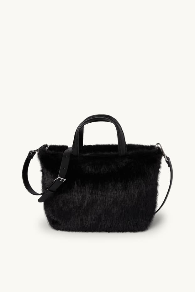 Damen - Kleiner Kunstfell-Shopper mit abnehmbarem Taschengurt - schwarz