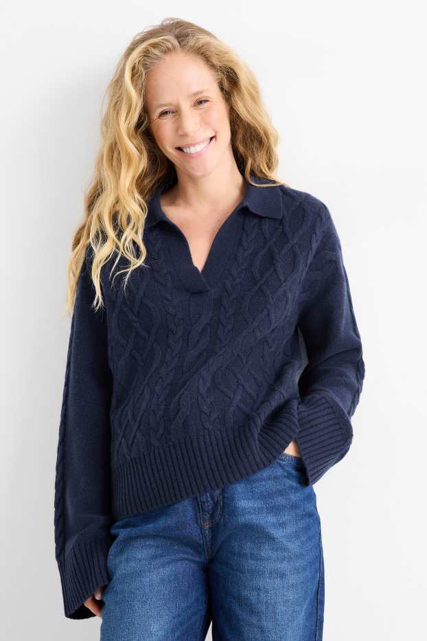 Damen - Pullover mit V-Ausschnitt und Kaschmir-Anteil - Woll-Mix - dunkelblau