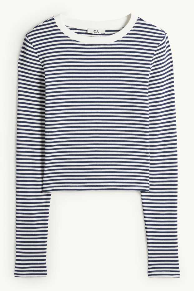 Damen - Crop Langarmshirt - Slim Fit - gerippt - gestreift - dunkelblau / weiß