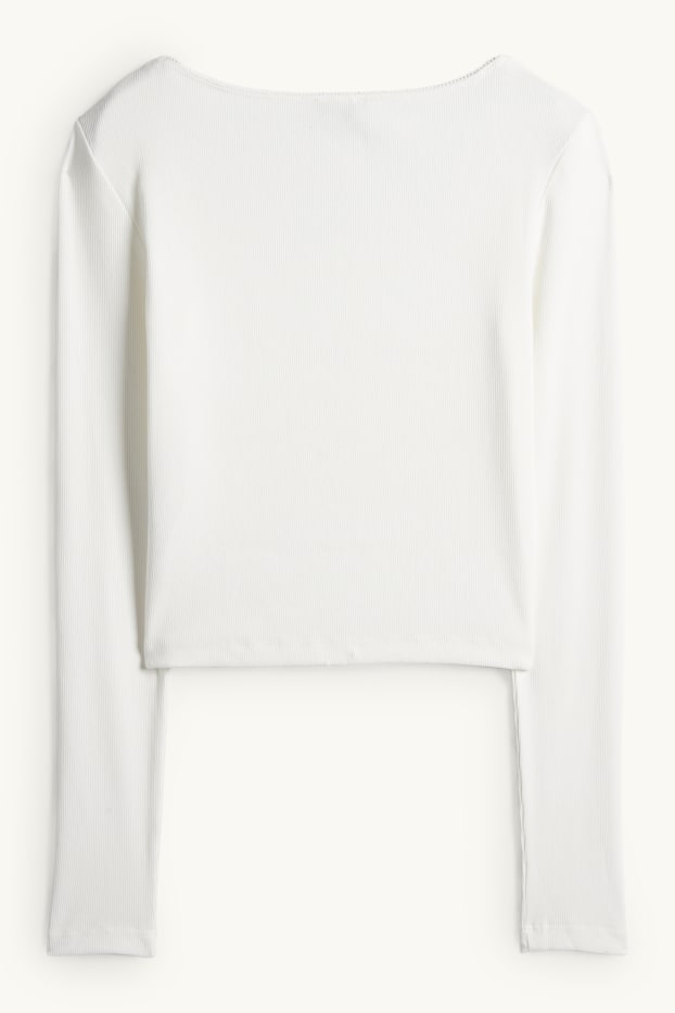 Damen - Crop Langarmshirt - Slim Fit - gerippt - cremeweiss