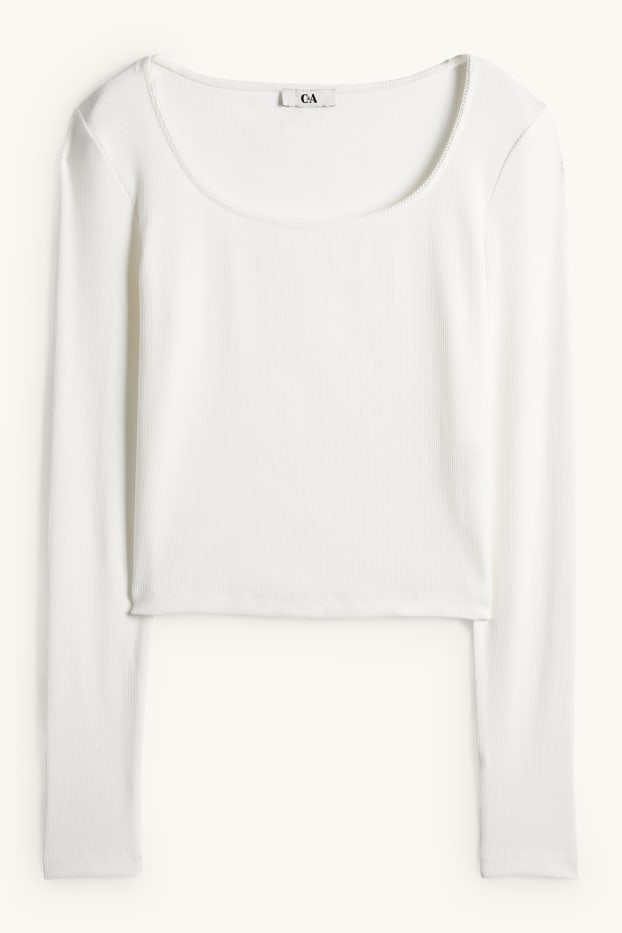 Damen - Crop Langarmshirt - Slim Fit - gerippt - cremeweiss