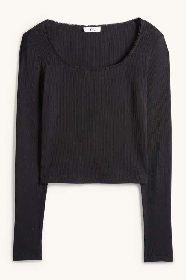 Damen - Crop Langarmshirt - Slim Fit - gerippt - schwarz