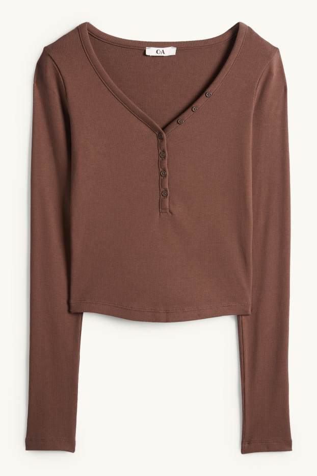 Damen - Crop Henley-Shirt - Slim Fit - gerippt - dunkelbraun