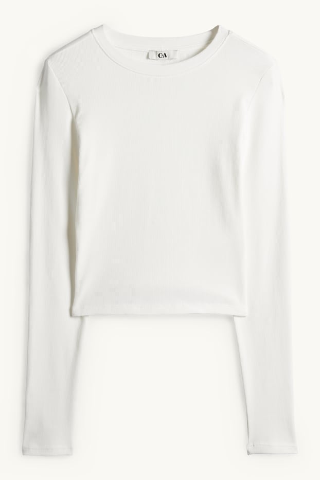 Dames - Korte longsleeve - slim fit - ribstof - crème wit