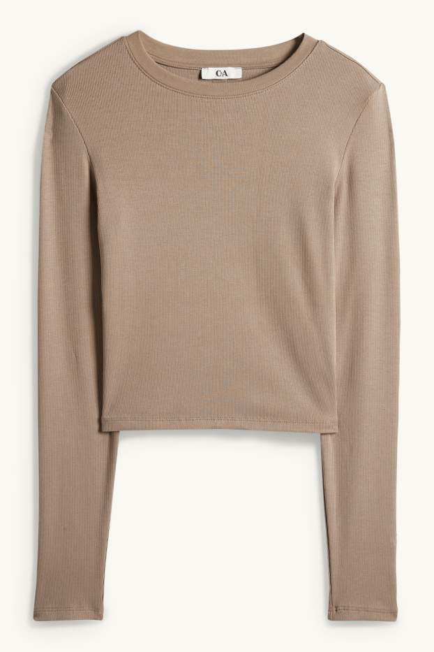 Women - Cropped long sleeve top - slim fit - ribbed - taupe