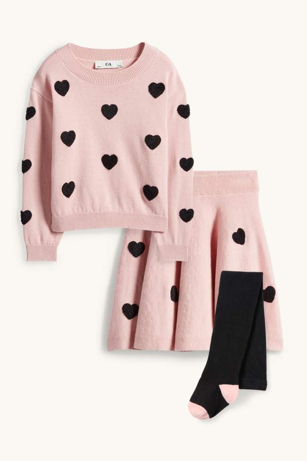 Kinder Mädchen - Herz - Set - Pullover, Rock und Strumpfhose - 3 teilig - rosa
