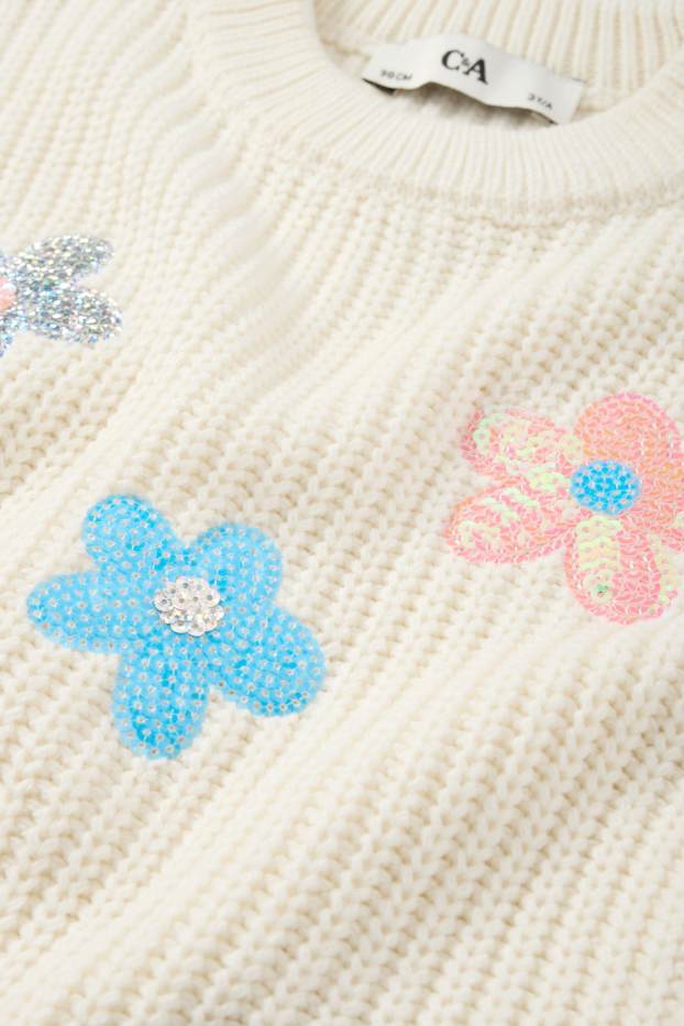 Bambine - Fiore - maglione - a coste - bianco crema