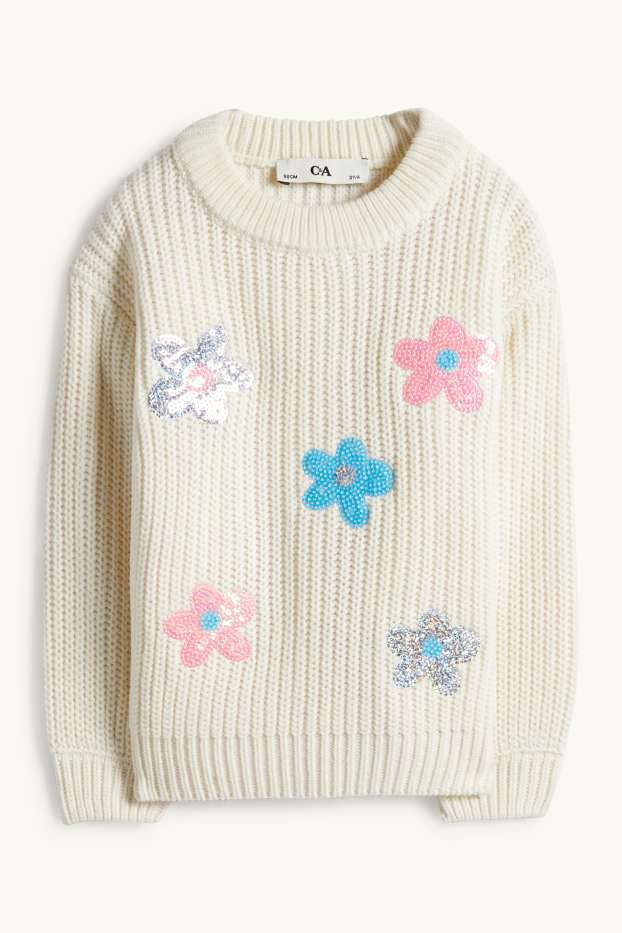 Bambine - Fiore - maglione - a coste - bianco crema