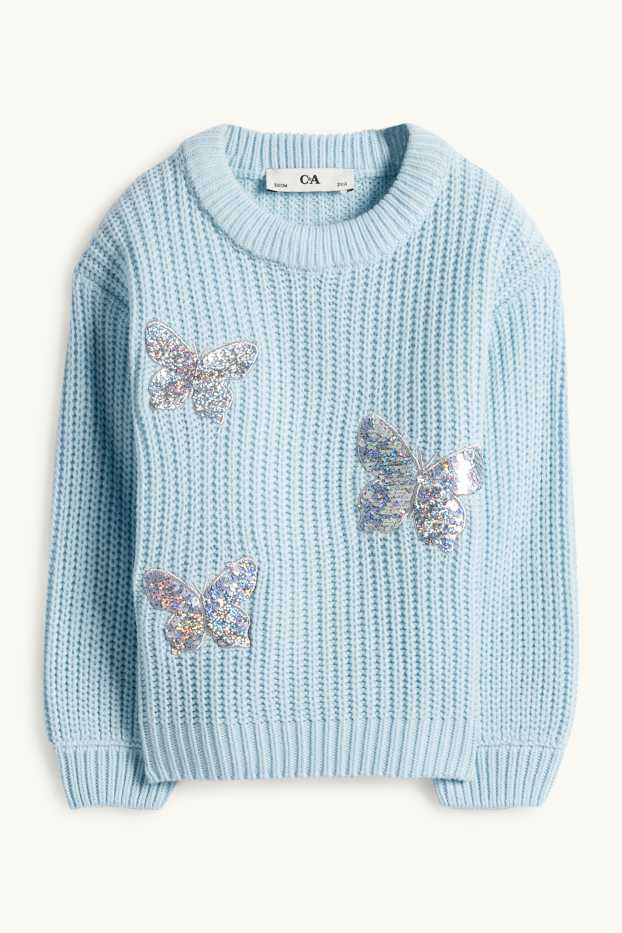 Kinderen: meisjes - Vlinder - trui - ribstof - lichtblauw