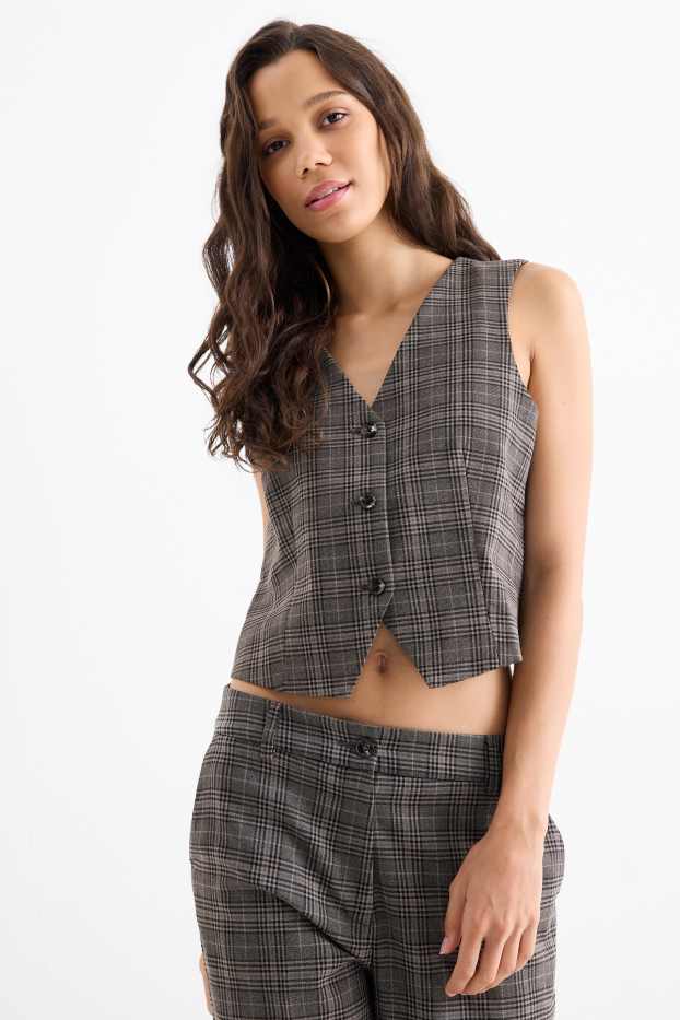 Donna - Gilet - sciancrato - a quadretti - grigio scuro