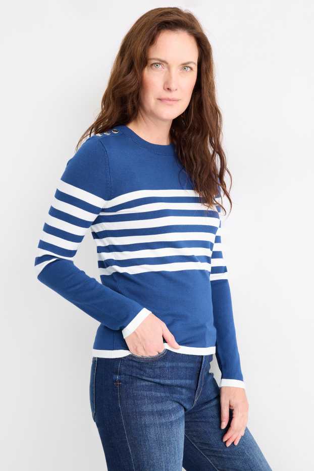 Damen - Pullover - gestreift - blau / weiss