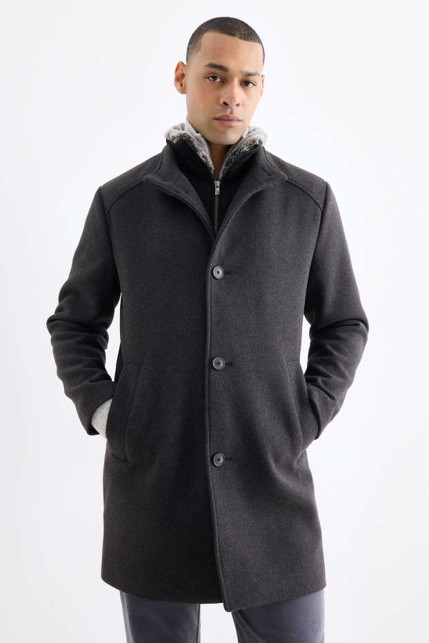 Heren - Mantel met imitatiebontrandje - zwart