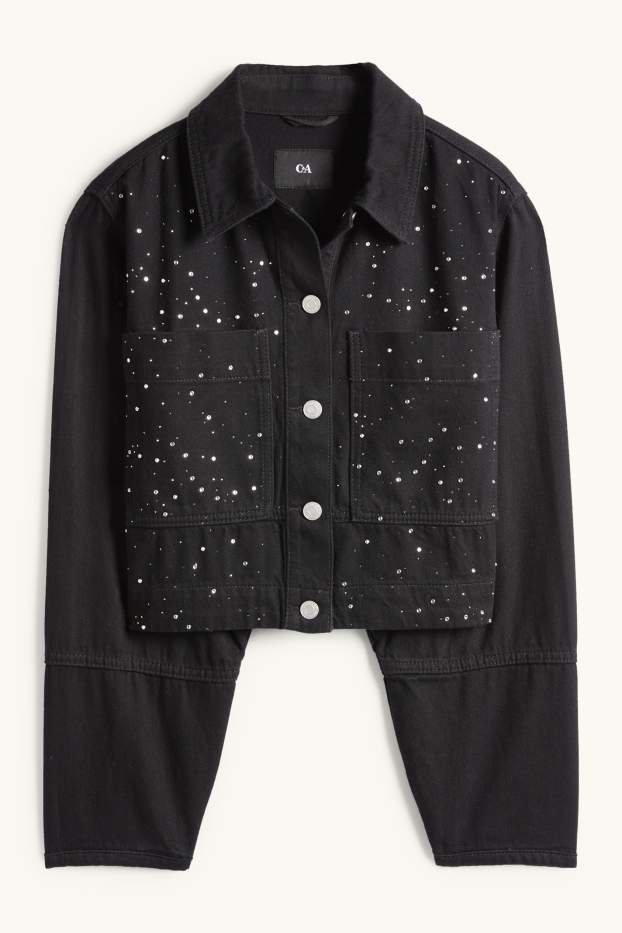 Femmes - Veste courte en jean à strass - noir