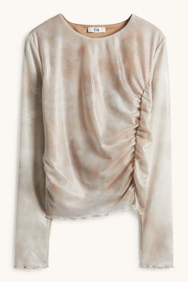 Dames - Longsleeve - slim fit - mesh - met patroon - beige