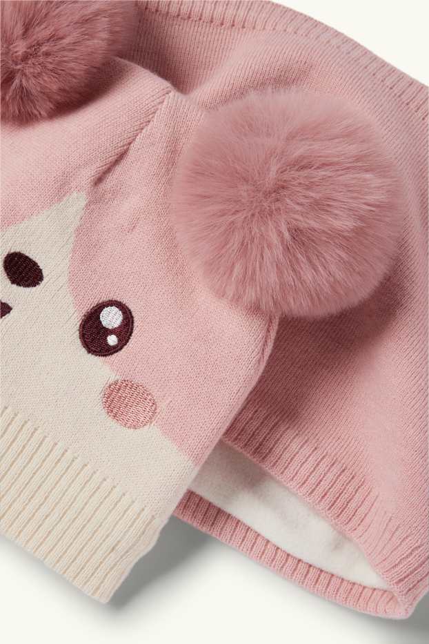 Copii - Fete - Kawaii - set - căciulă cu ciucure și fular circular - 2 piese - roz