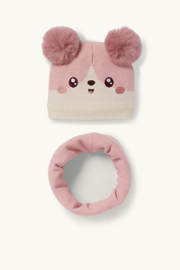 Copii - Fete - Kawaii - set - căciulă cu ciucure și fular circular - 2 piese - roz