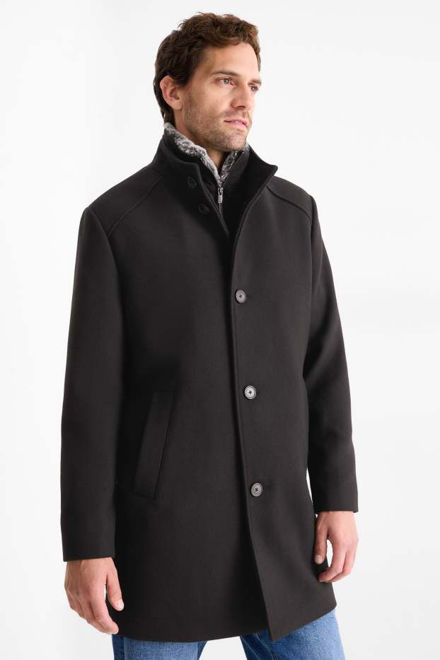 Heren - Mantel met imitatiebontrandje - zwart